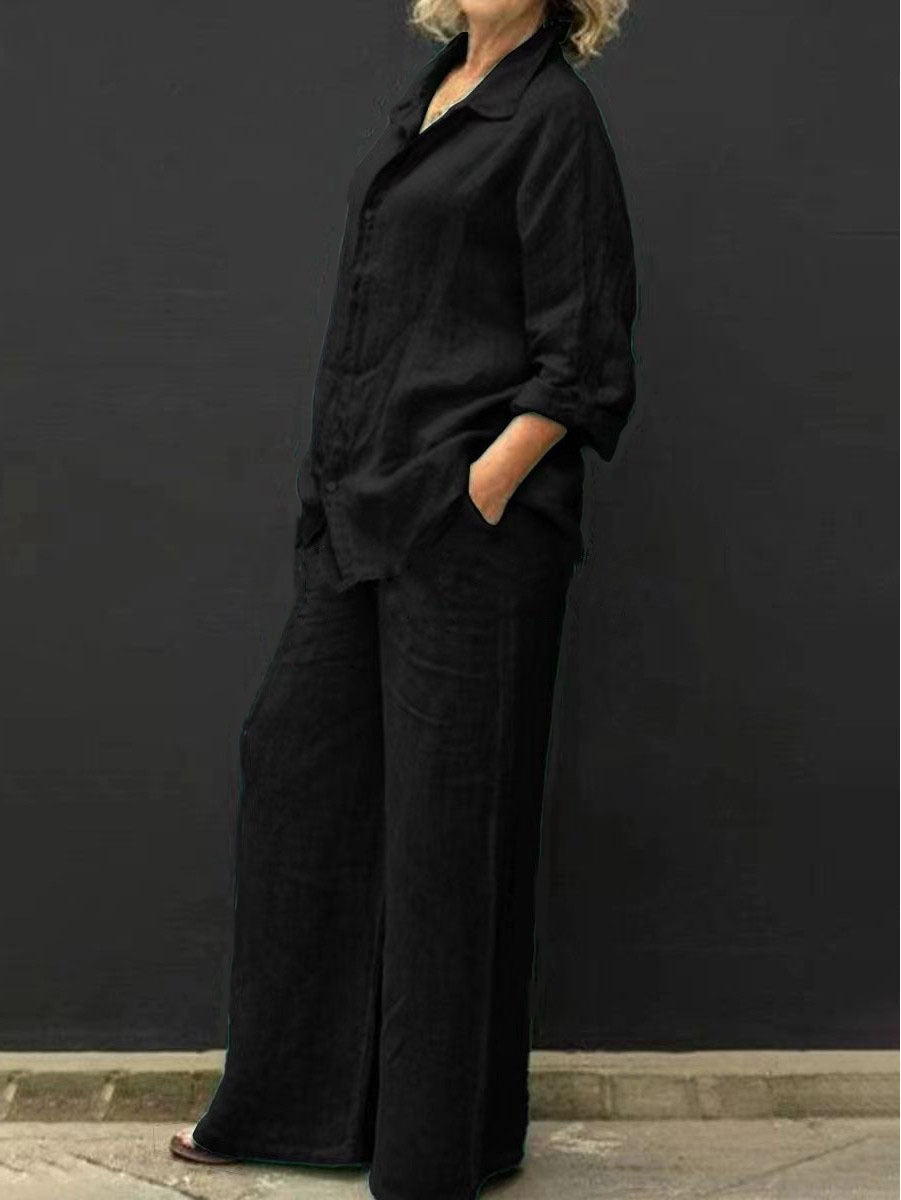 Soft cotton-linen women's two-piece set. Summer V-neck top & relaxed elastic waist pants for ultimate comfort.