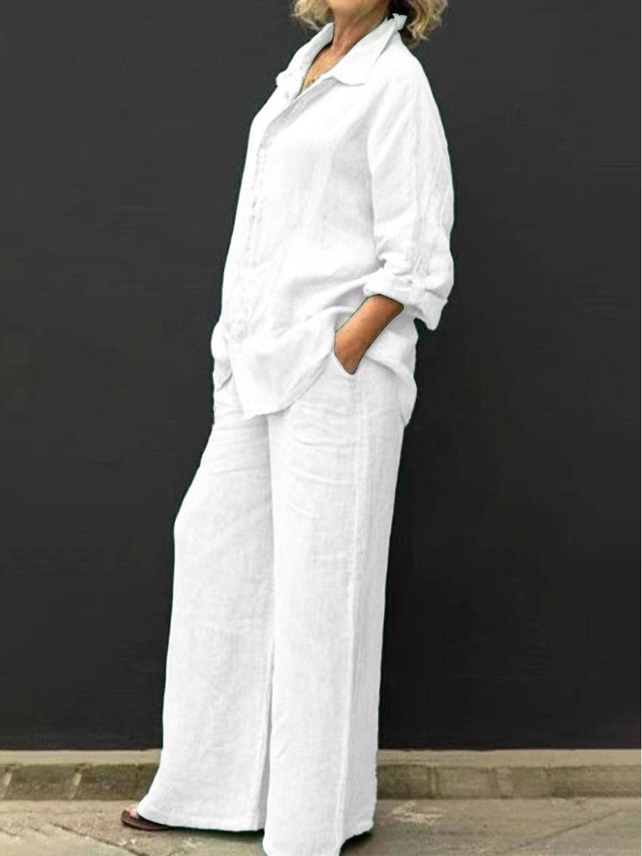 Women's stylish two-piece summer set: V-neck top & elastic waist cotton-linen pants. Ideal for versatile wear.
