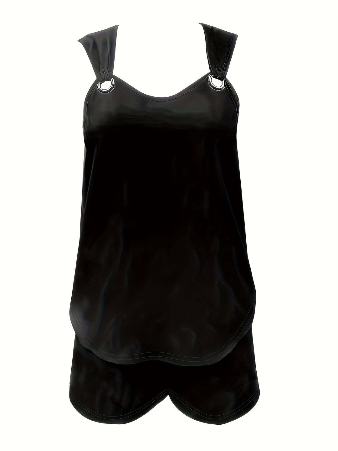 Black women's two-piece set with ring detail. Versatile and stylish casual summer fashion.
