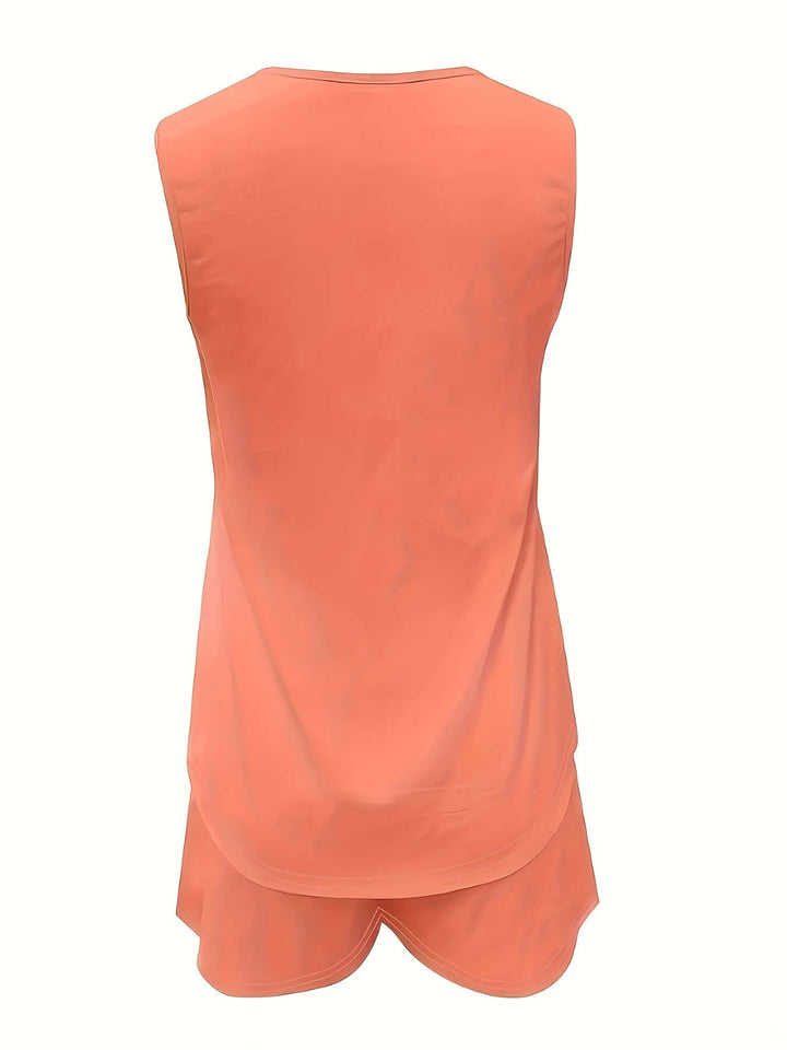 Yellow women's summer two-piece set. Trendy and stylish outfit for casual fashion with ring detail.
