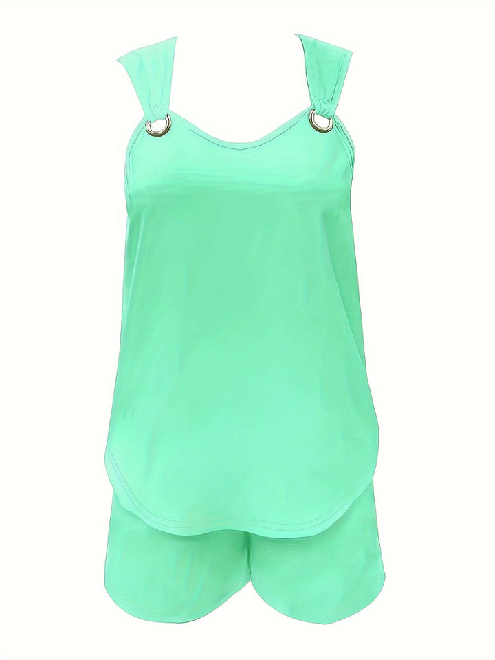 Stylish women's summer two-piece set, perfect for casual wear, featuring elegant ring detail.