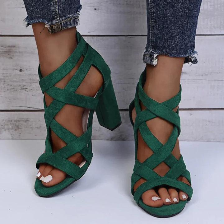 Elegant women's strap block heel sandals, perfect comfortable dress shoes for formal or evening events.