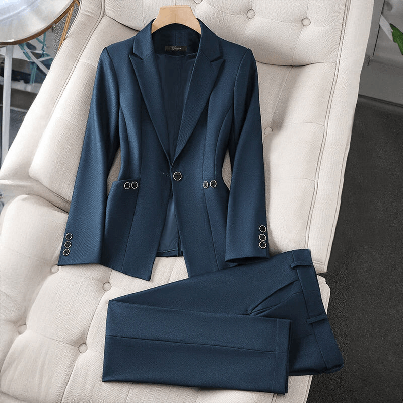 Chic women's blazer and trouser set. Versatile tailored suit for workwear, business or elegant formal occasions.