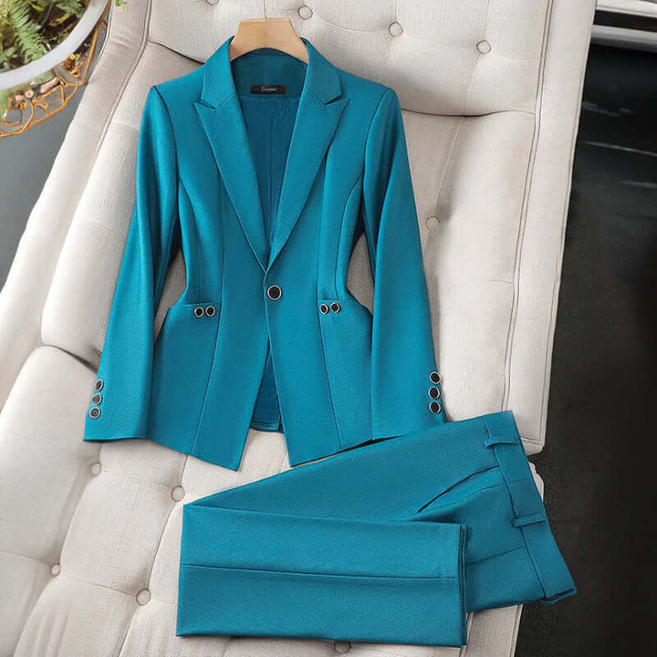 Stylish women's tailored blazer and matching trousers. A professional two-piece suit for elegant office fashion.