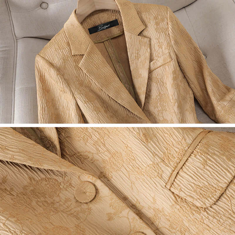 Modern women's business suit, a sharp tailored blazer and trousers for a powerful professional statement.