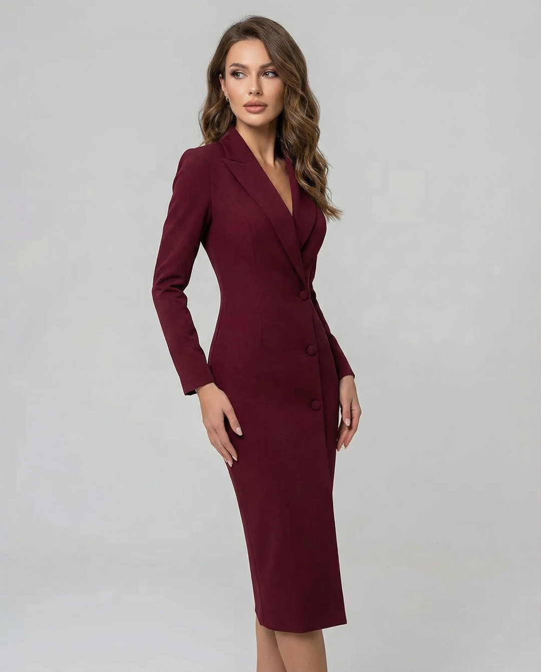 Chic long sleeve women's blazer dress. Tailored elegance, ideal for formal attire & versatile day-to-night looks.