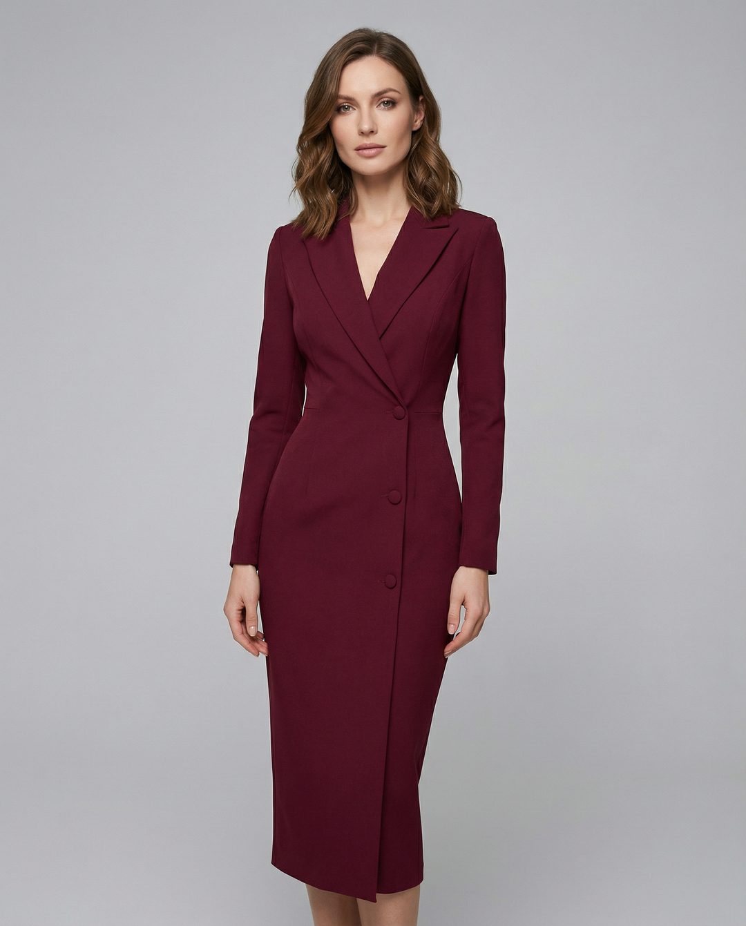 Elegant women's tailored maxi blazer dress. Minimalist design for versatile formal attire & professional settings.