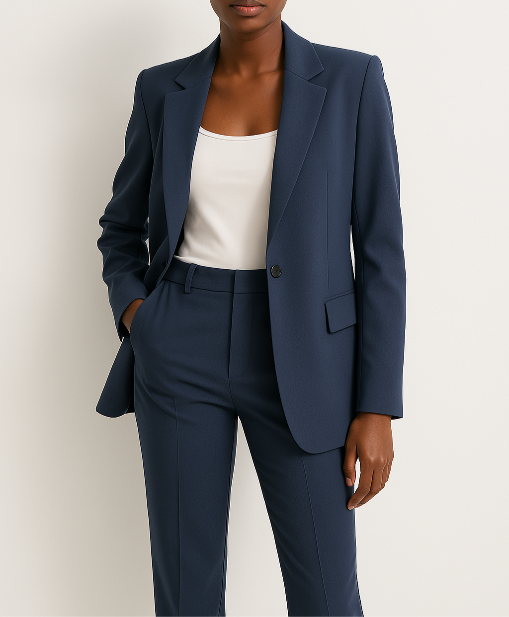 Women's tailored blazer & trouser suit set, ideal for professional business attire & office wear.