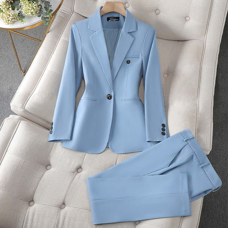 Women's tailored blazer & trousers set, perfect for professional office wear. Chic business outfit.