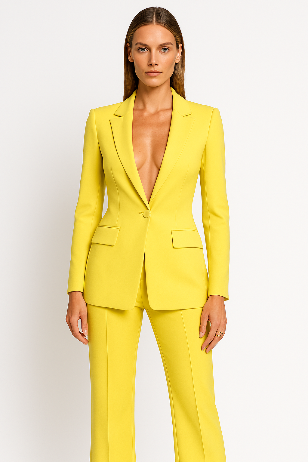 Elegant women's two-piece co-ord set: tailored blazer & comfortable wide-leg trousers. Stylish modern outfit.