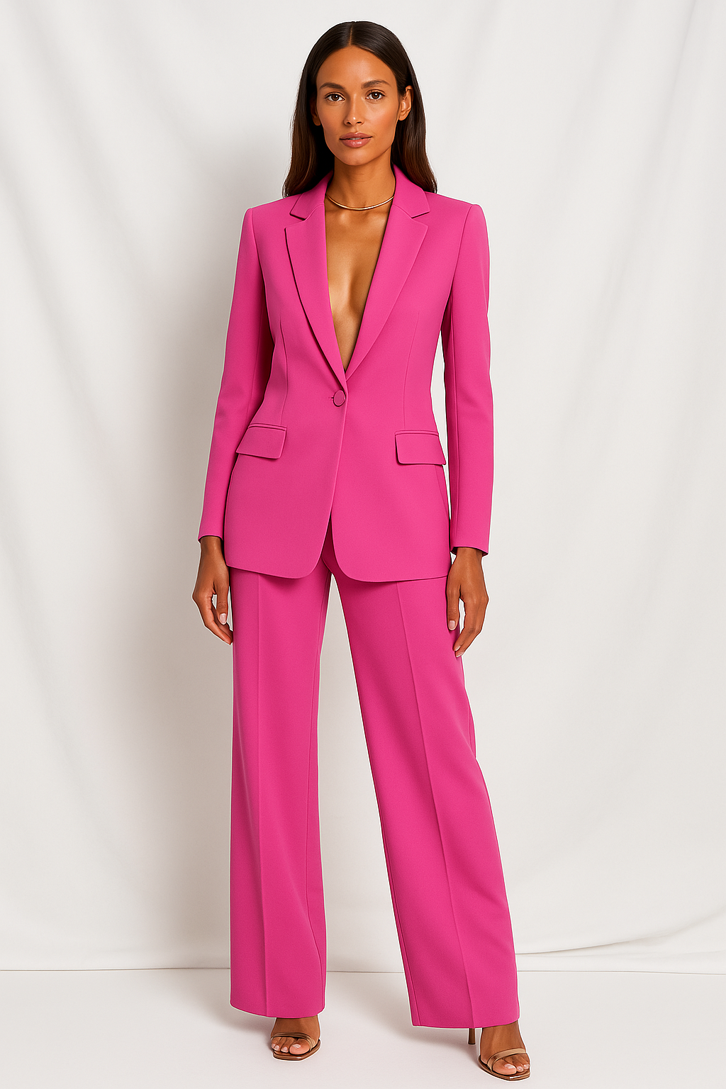 Stylish women's tailored blazer and matching wide-leg trousers co-ord set. Perfect for elegant office wear.
