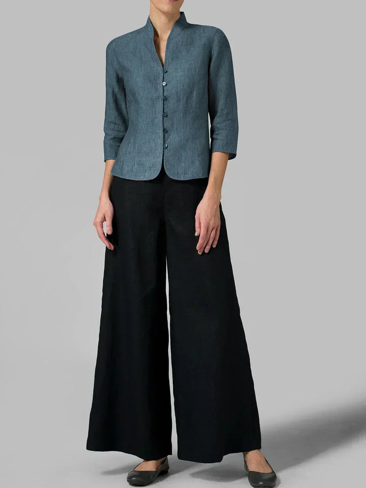 Women's linen blazer styled for business casual. Tailored fit and elegant design, a versatile lightweight summer jacket.