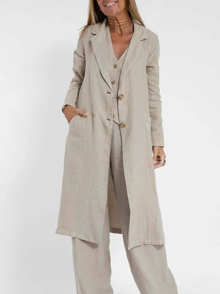 White women's linen two-piece set, a chic vest and pants for breathable resort wear.