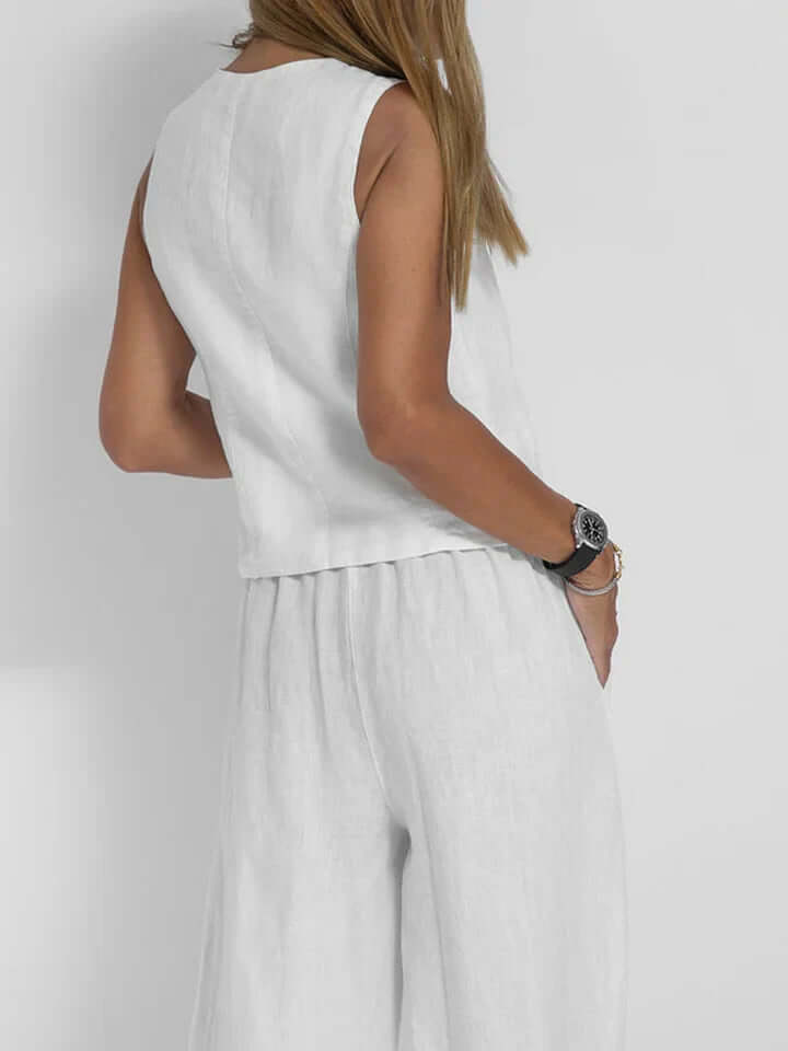 Natural linen women's two-piece vest set, a breathable & comfortable summer outfit for women.
