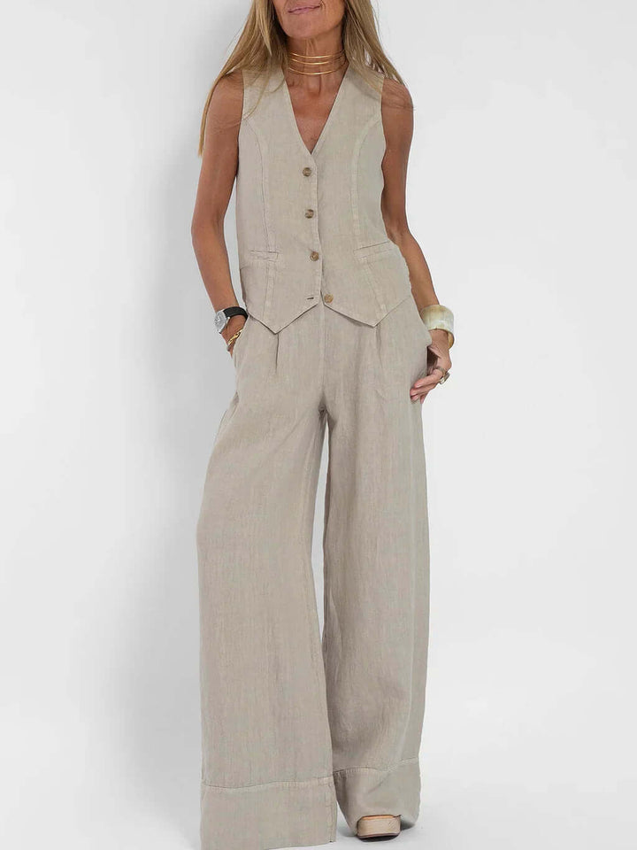 Stylish women's linen two-piece vest set with high-waisted pants, available in black, white, olive.