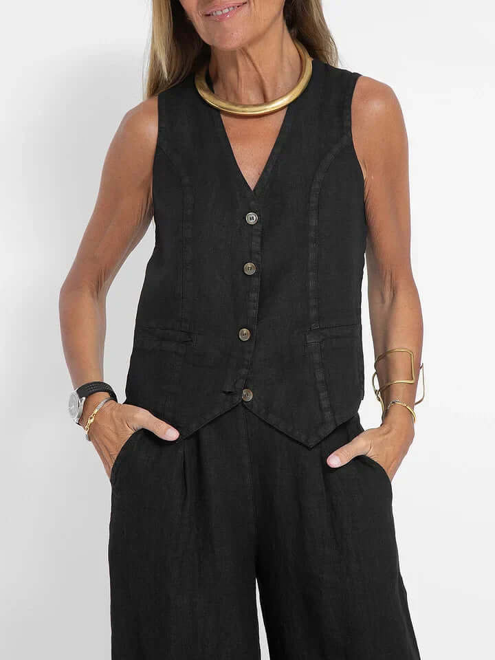 Elegant black linen two-piece vest set for women, perfect resort wear.