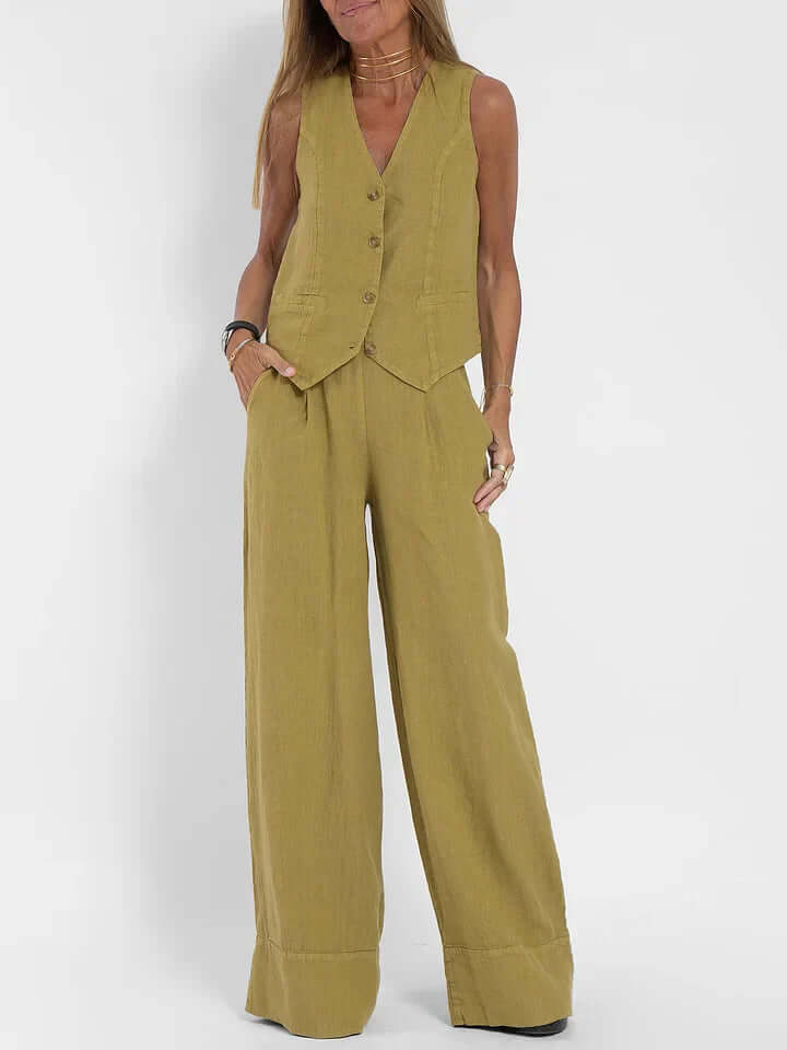 Olive green women's linen two-piece vest & trousers set, made from natural breathable fabric.