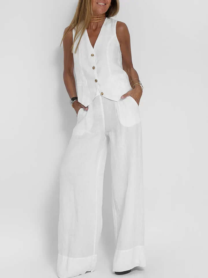 Breathable white linen two-piece vest and pants set, natural fabric for women's summer comfort.