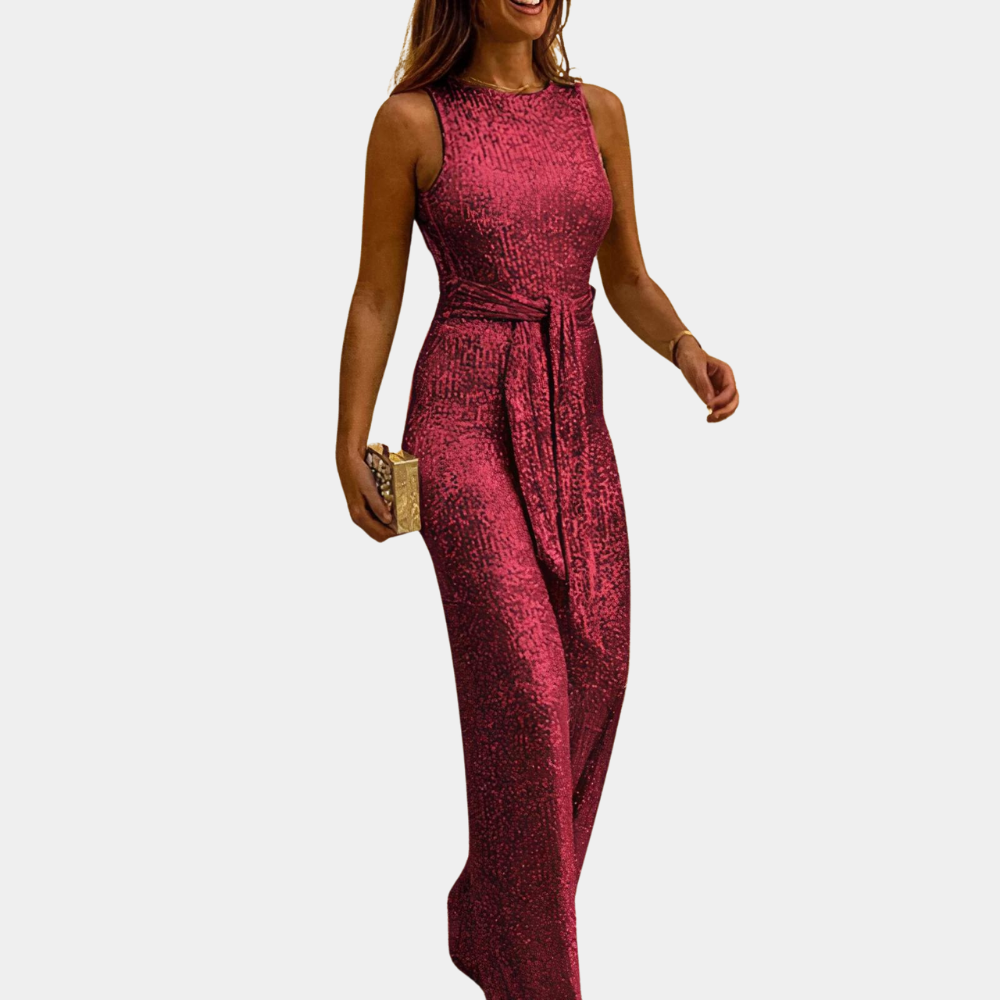 Chic women's tailored jumpsuit with sparkling sequins, designed for a sophisticated, elegant fit.