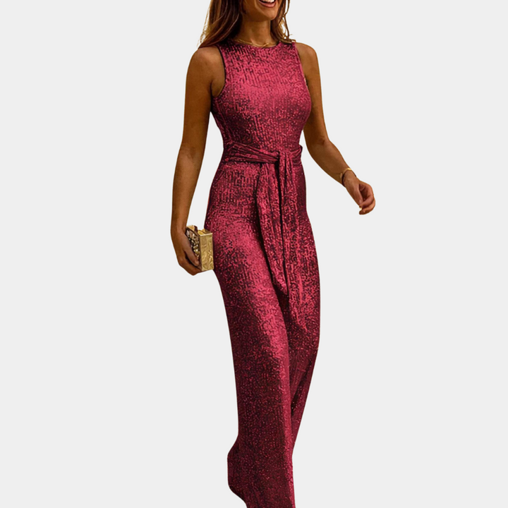 Chic women's tailored jumpsuit with sparkling sequins, designed for a sophisticated, elegant fit.