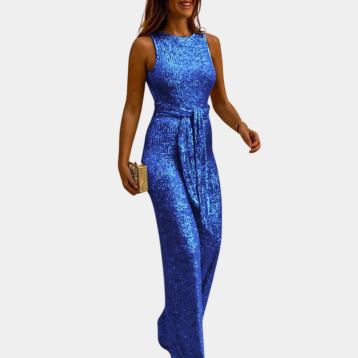 Glamorous women's sequin jumpsuit with a tailored fit, perfect for an elegant party or special occasion.