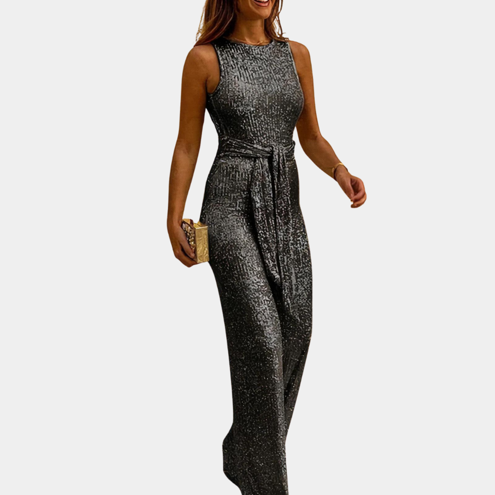 Elegant women's sequined jumpsuit, a chic and stylish tailored outfit for formal evening wear.