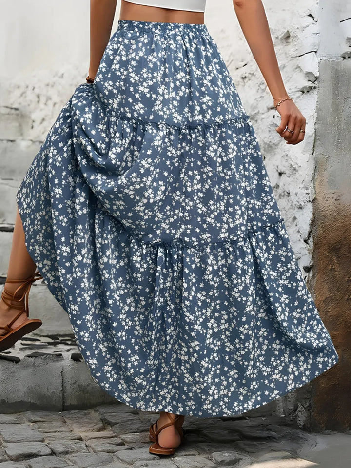 Elegant printed floral tiered maxi skirt for women, long and flowy for summer.