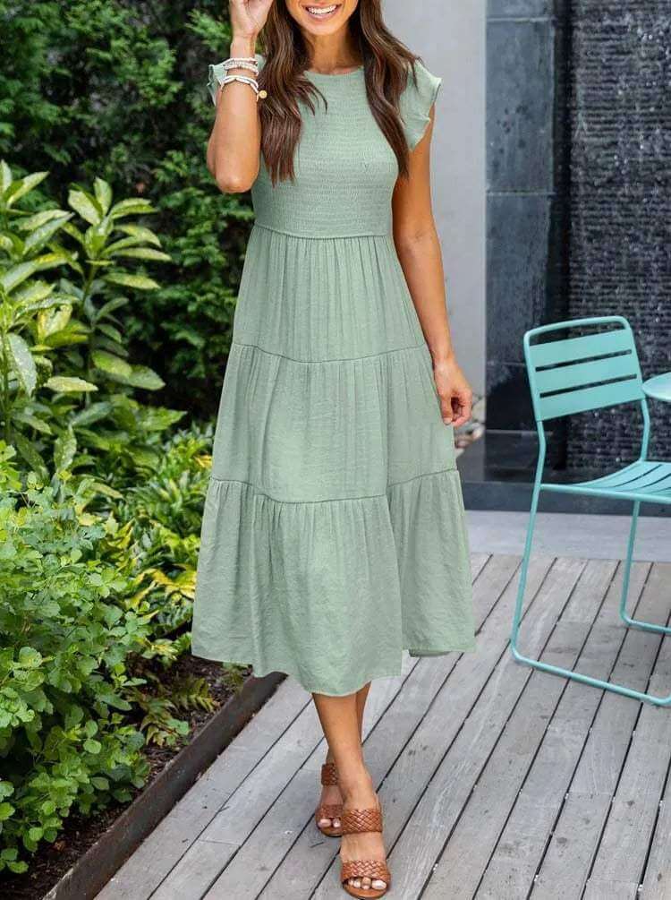 Stylish women's midi dress for summer, tiered skirt, soft flutter sleeves, for comfort and style.
