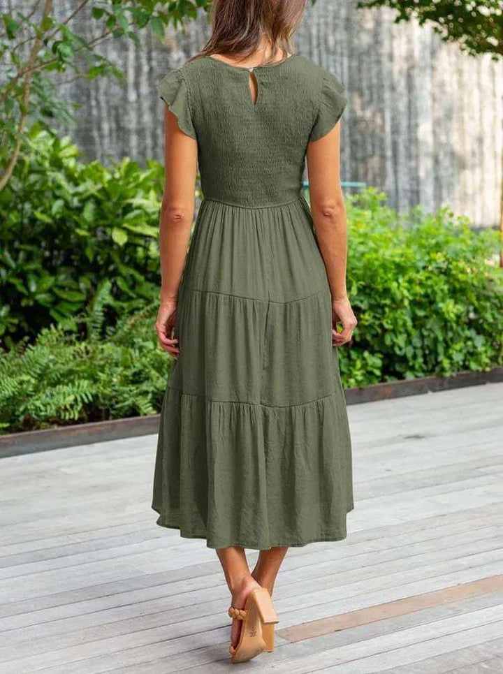 Everyday women's tiered midi dress, comfortable fit, chic flutter sleeves, perfect for warm days.