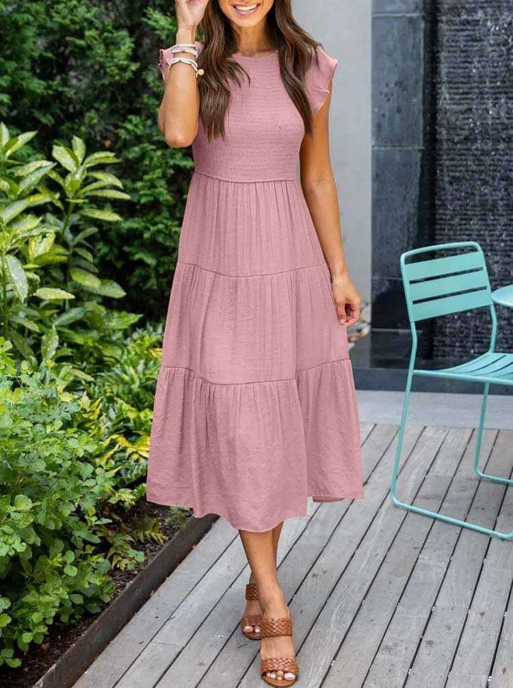 Women's everyday tiered midi dress, smocked top, stylish flutter sleeves, a casual elegant look.