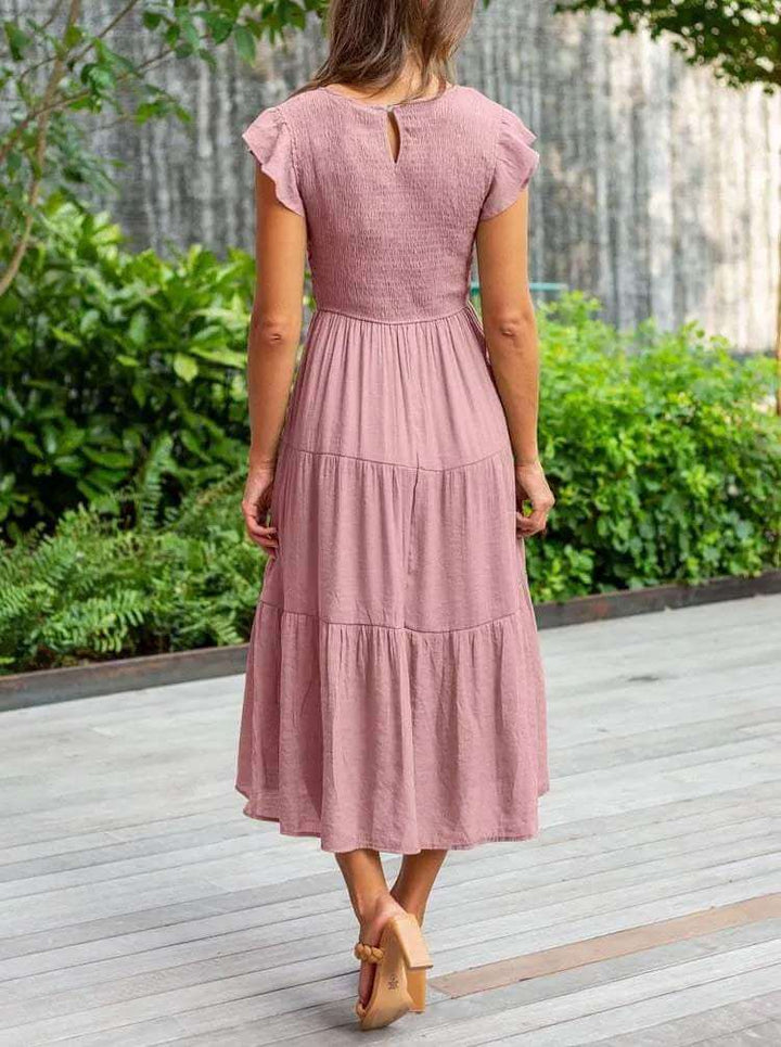 Flowy women's summer midi dress, tiered design & comfortable flutter sleeves, rayon blend fabric.