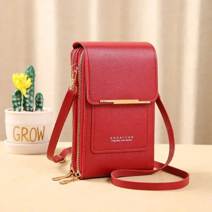 Travel organizer women's shoulder bag with touch screen, a convenient phone purse for journeys.