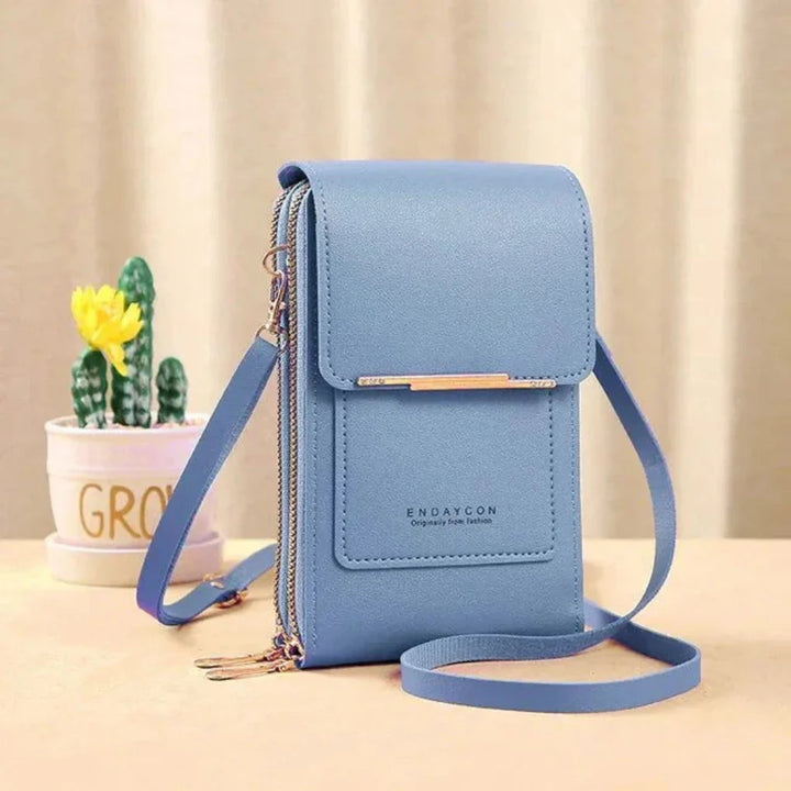 Hands-free women's touch screen phone purse, a secure shoulder bag for smartphones.