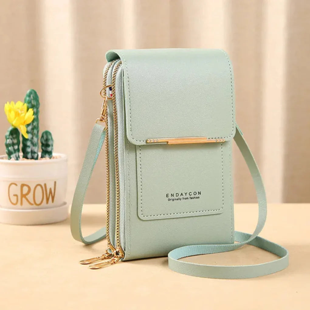 Compact women's touch screen shoulder bag, perfect phone purse and travel organizer.
