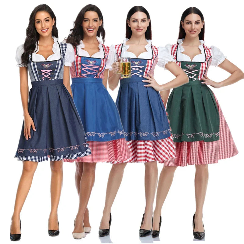Close-up of a women's Oktoberfest dress bodice, featuring intricate embroidery & lacing in traditional Bavarian style.