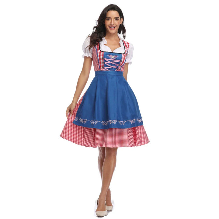 Festive women's traditional Bavarian Oktoberfest costume, a vibrant dirndl dress perfect for themed parties & celebrations.