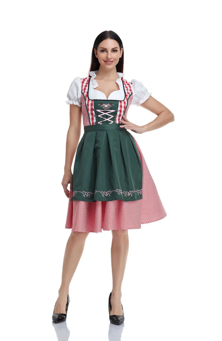 Women's festive Oktoberfest dress, a vibrant Bavarian costume designed for dancing & celebrating at themed events.