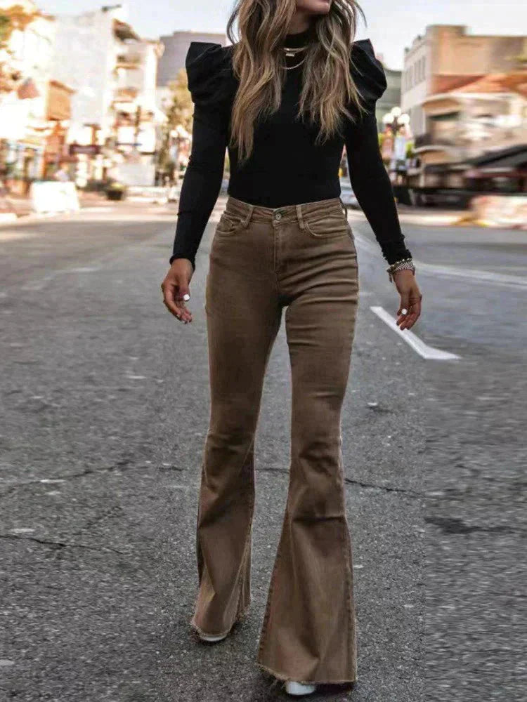 Modern women's apparel: flared bell bottom pants, combining comfort with cutting-edge style.