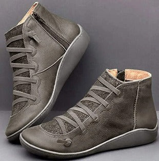 Close-up of trendy women's orthopedic ankle boots, highlighting arch support & durable comfort design.