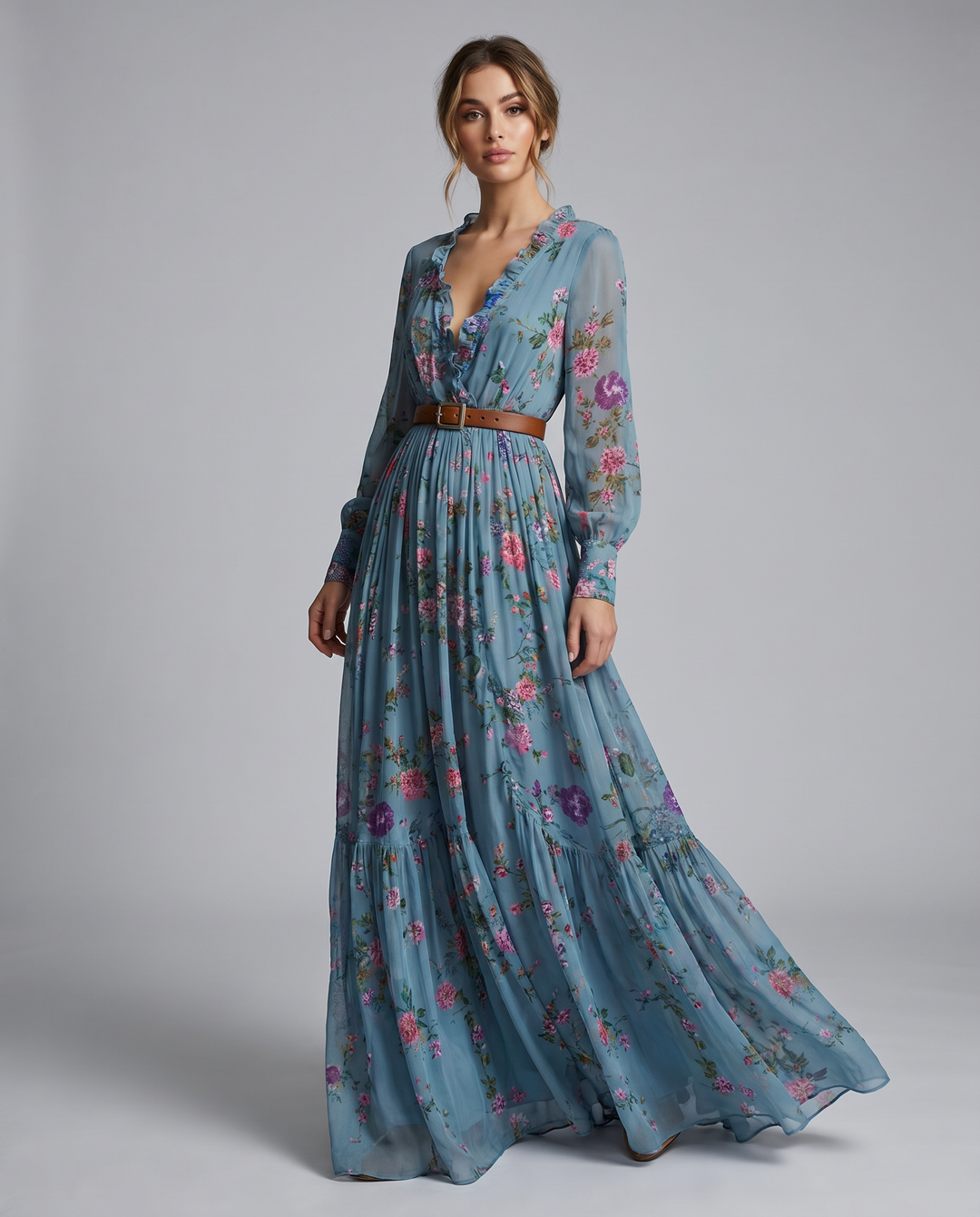 Women's turquoise bohemian floral print long sleeve maxi dress, perfect for summer events & flowy style.