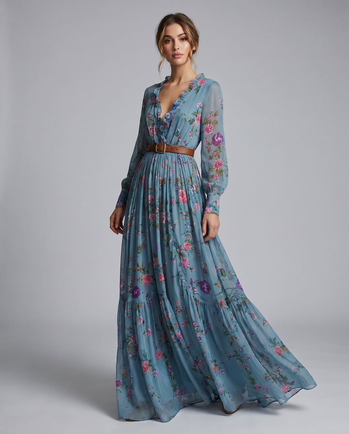 Women's turquoise bohemian floral print long sleeve maxi dress, perfect for summer events & flowy style.