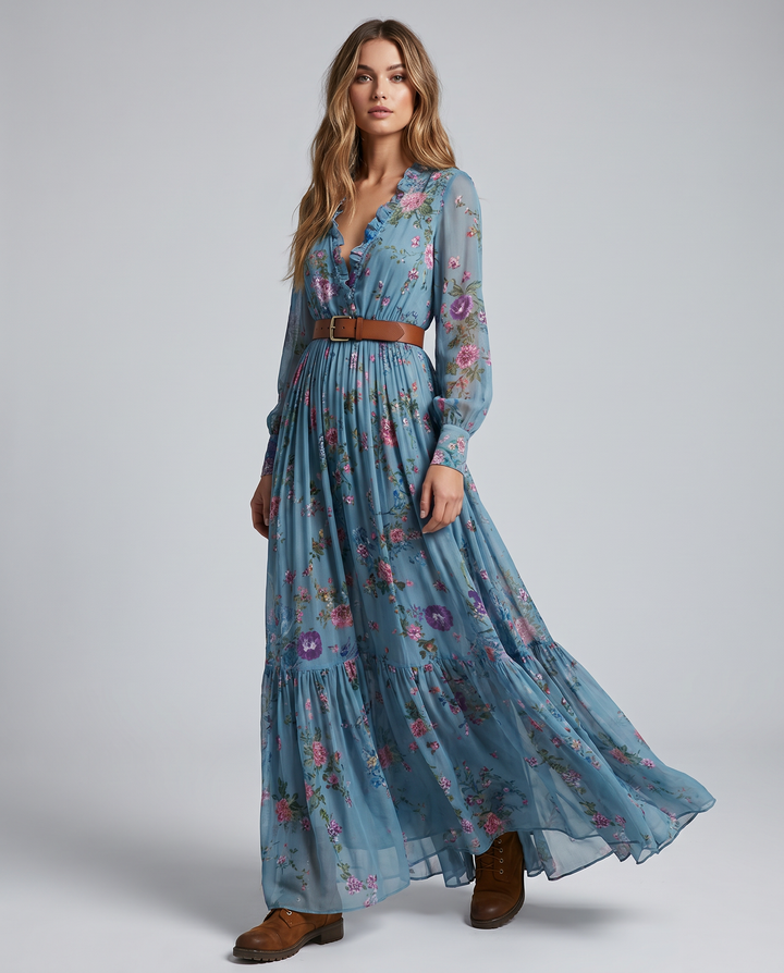 Flowy women's bohemian long sleeve maxi dress in turquoise with a vibrant floral print, suitable for any event.