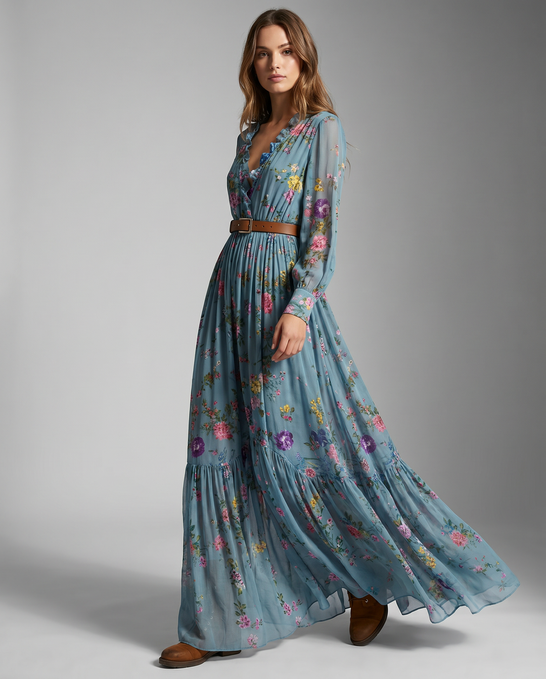 Comfortable women's long sleeve bohemian maxi dress featuring a beautiful turquoise floral print. Chic summer fashion.