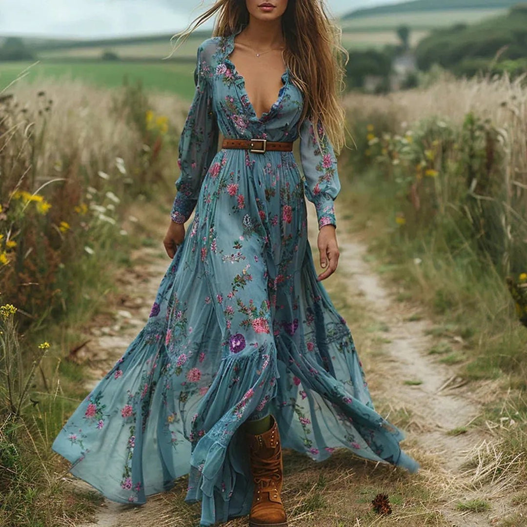 Turquoise women's maxi dress, long sleeve, bohemian floral print. A stylish & flowy dress for women's fashion.