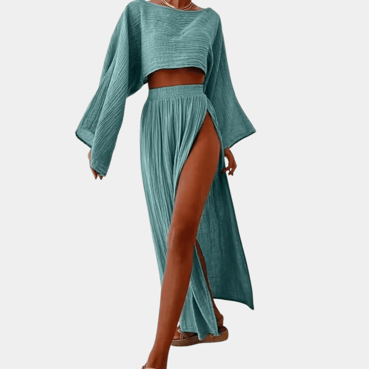 Women's two-piece rayon blend maxi skirt set with crop top & high slit. Perfect for summer, beach, or casual wear.