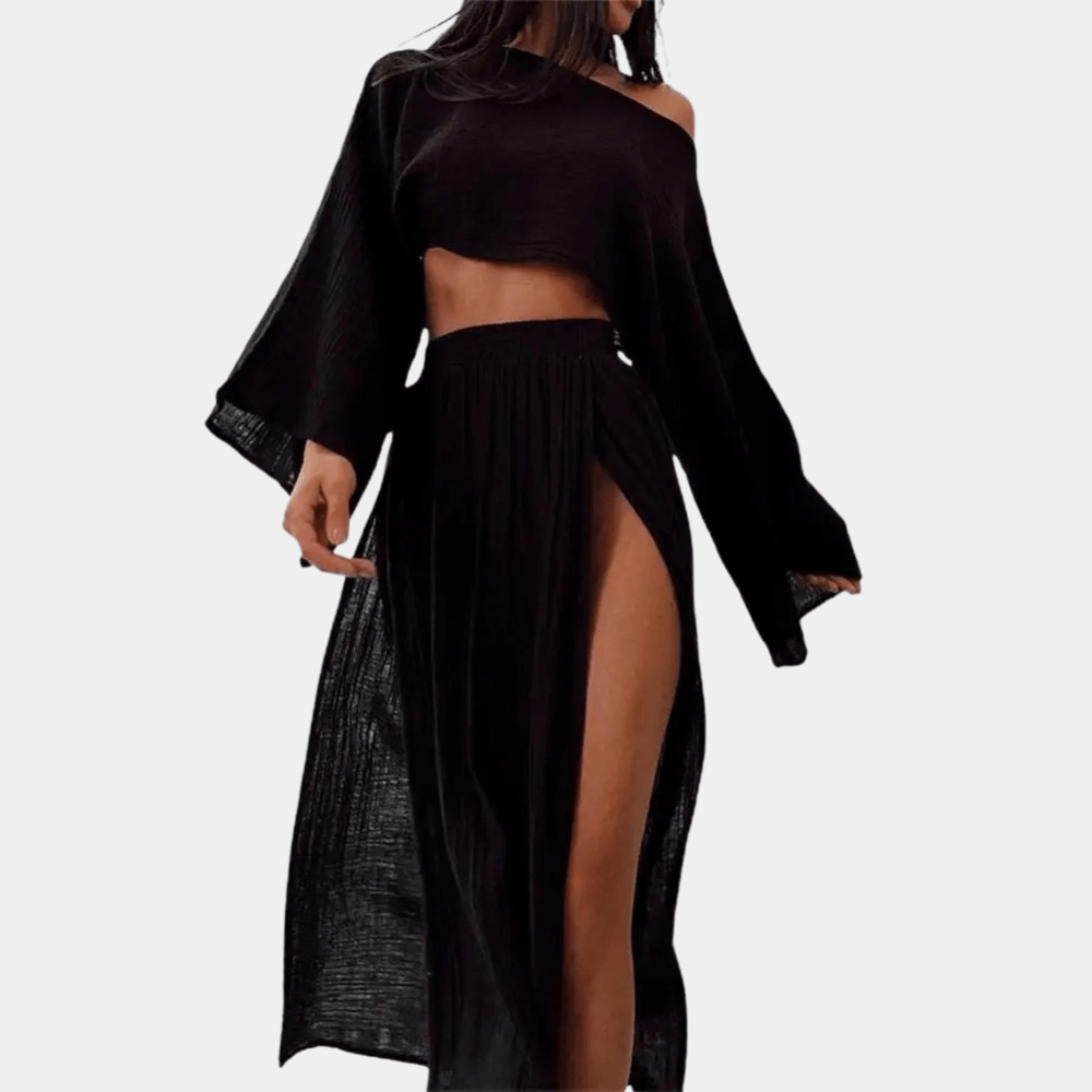 Versatile women's two-piece casual outfit, featuring a crop top & high-slit maxi skirt. Great for summer & beach.