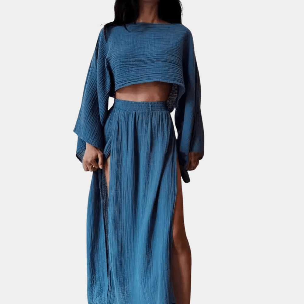 Comfortable rayon blend two-piece set for women: stylish crop top & high-slit maxi skirt. Chic summer fashion.