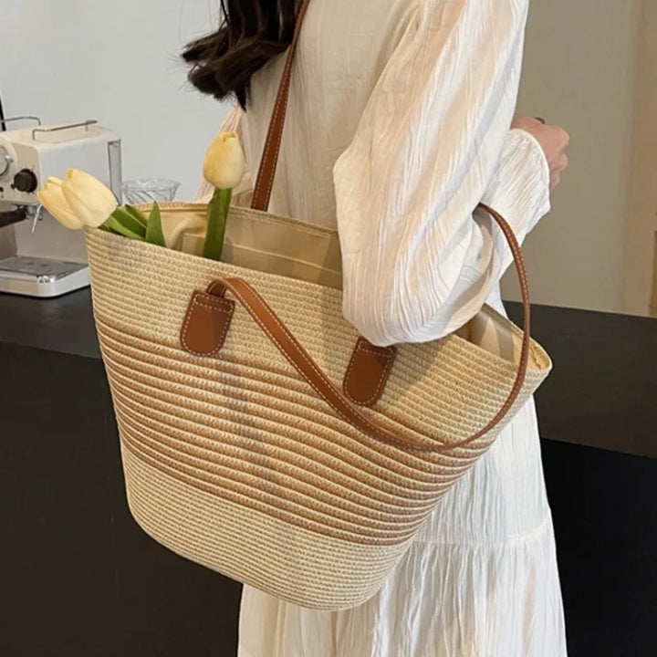 Stylish women's two-tone shoulder beach bag, ideal for casual summer days, beach trips, and vacation use.