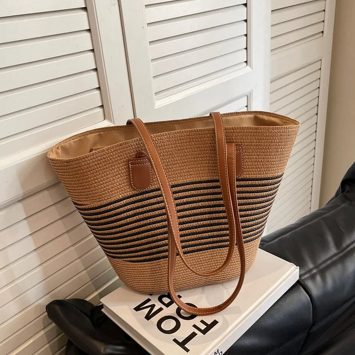 Modern two-tone beach tote for women, a functional shoulder bag for vacation and everyday summer style.