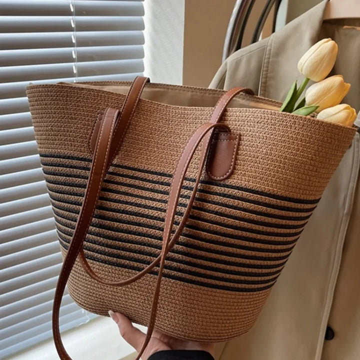 Vibrant two-tone women's shoulder beach tote, an essential summer bag for casual trips and sunny days.